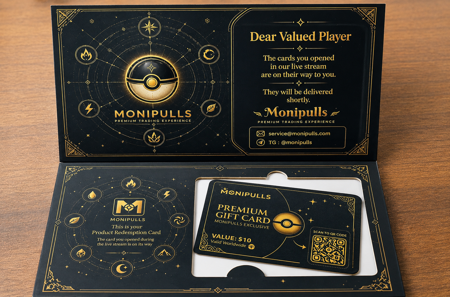 MoniPulls Premium Redemption Folder — Interior Presentation Set