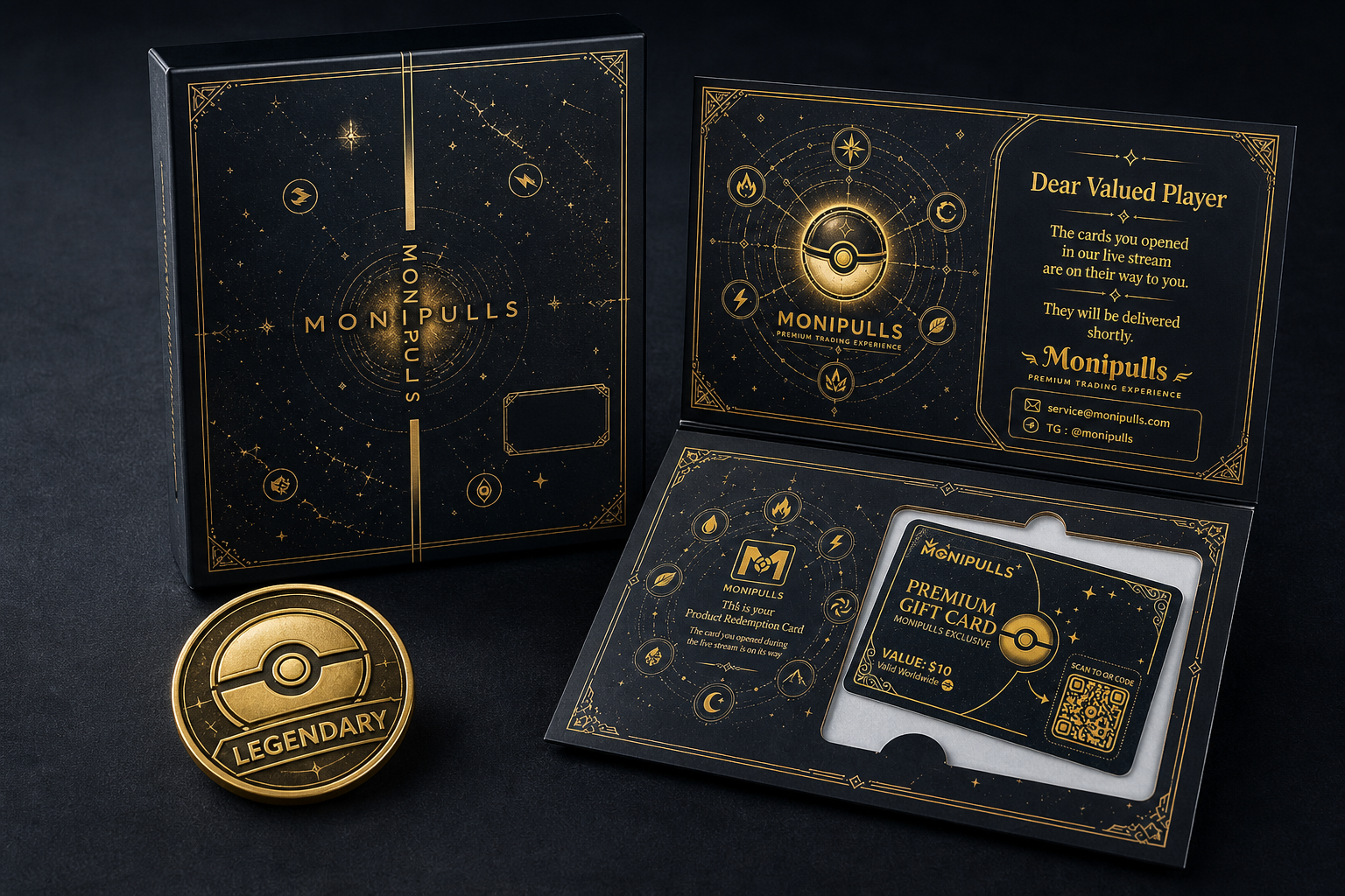 MoniPulls Premium Live Pull Legendary tier — complete luxury unboxing set